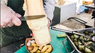 Swiss Raclette Huge Melted Cheese Tasted in Prague Street food of the Czech Republic [upl. by Eiclud]