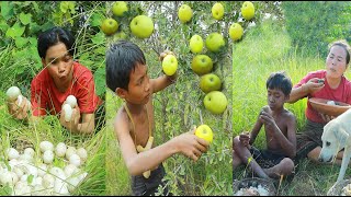 survival in the rainforestfound green apple with eggs amp eat with twos boy [upl. by Aissatsan814]