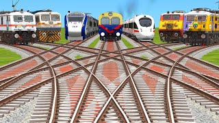 Seven TRAINS WORLD OF THE TRAINS INDIAN🙏CROSSING AT CURVED RAILROAD TRACKS RAILROADtrain game [upl. by Dugald]