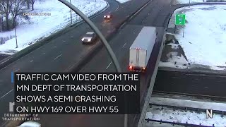 Traffic cams capture semi truck jackknife in rainslick Minneapolis tunnel [upl. by Lamoureux]