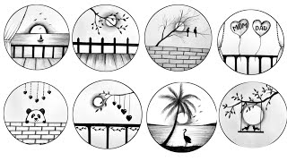 Easy 8 Circle Scenery Drawing Ideas  Pencil Drawing  Circle Drawing Scenery  Nature Landscape [upl. by Terese]