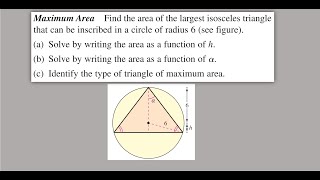 Find the area of the largest isosceles triangle that can be inscribed in a circle of radius 6 Pt 1 [upl. by Frayne836]