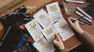 Art Vlog 1  Creating Monthly Calendar with Watercolor Pencils amp Copic Markers  Draw with Me [upl. by Hajile]