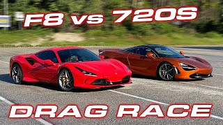 F8 vs 720S  Ferrari F8 Tributo vs McLaren 720s  14 mile DRAG RACE [upl. by Eeldarb]