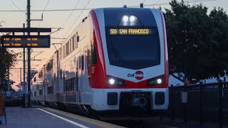 First Morning Rush for Caltrain KISS EMUs at Burlingame FIRST WEEK OF FULL ELECTRIC SERVICE [upl. by Yacov]