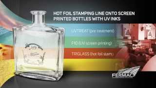 Hot foil stamping line onto screen printed bottles with UV inks [upl. by Elok]