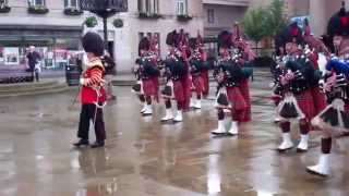 Pipes and Drums 1st Battalion Scots Guards Marching City Square Dundee Scotland [upl. by Atinal718]