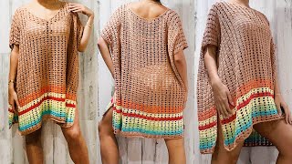 TÚNICA O SALIDA DE PLAYA A CROCHET TODAS LAS TALLAS  CROCHET BEACH COVER UP [upl. by Wichern714]