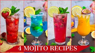 4 Amazing Mojito Recipes  Summer Non – Alcoholic Drinks Strawberry Raspberry Blue Lagoon amp Mango [upl. by Drawde]