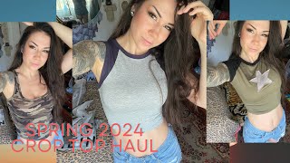 ASMR SHEIN spring 2024 crop top shirt try on haul Soft spoken crinkling fabric sounds Lofi [upl. by Trilbee]