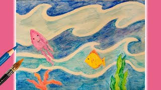 💧🖍 Come usare i PASTELLI ACQUERELLABILI per DIPINGERE IL MARE Scenario Marino🐟🌊🐙 [upl. by Arjun]