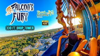 Falcons Fury 335 ft Drop Tower On Ride 4K POV Busch Gardens Tampa 2023 10 31 [upl. by Aiksa]