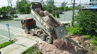 Start Large Fill Up Land Project By KOMATSU DOZERS Push and Dumping Stone Mixed Rock [upl. by Nylirac]