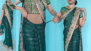 एक सेफ्टी पिन से पहने परफेक्ट साड़ी  Green heavy border style saree draping tutorial for beginners [upl. by Nowaj]