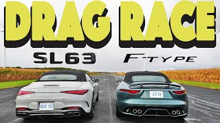 Roadster Battle 2023 MB SL63 AMG vs 2023 Jaguar F Type R drag and roll race [upl. by Ycnay]