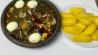 How to make Ghanaian local food Abomu with ripped plantain  spinach or kontomire stew [upl. by Assenav665]