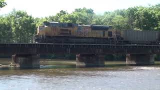 Union Pacific Coal Train Slowly Crossing Kankakee River in Momence [upl. by Aivatan591]