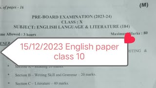 english Pre board paper class 10  15122023  cbse class 10 english question paper 2023  morning [upl. by Ecnerewal460]