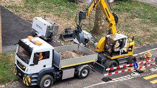 Road subsidence and pipe reparation RC Wheel Excavator Liebherr A918 MAN truck [upl. by Gerhard]