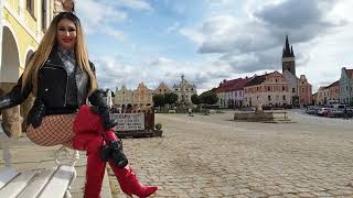 Granate Styling walking in public main square Telc Moravia red thigh high boots high heels [upl. by Fabi79]