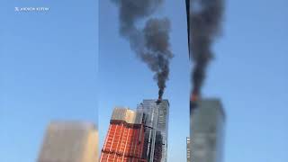 Crane collapses catches fire in New York City [upl. by Zullo]