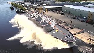 US Navy Launches New Warship Sideways Into Water — USS Billings Christening and Launch [upl. by Nagear610]