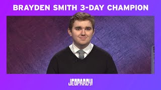 Brayden Smith Jeopardy  3Day Champion Winners Circle  JEOPARDY [upl. by Alletse995]