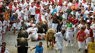 First bull run of San Fermin Festival in Pamplona [upl. by Ennairrac]