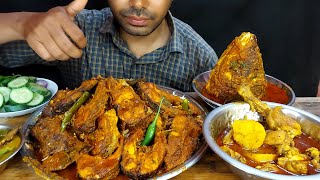 spicy rohu fish masala curry fish head gravy desi chicken masala curry huge rice salad eating show [upl. by Catina]