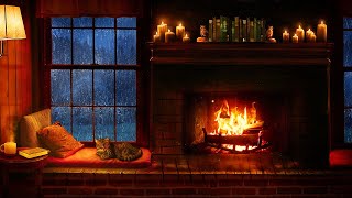 Cozy Cabin Ambience  Rain and Fireplace Sounds at Night 8 Hours for Sleeping Reading Relaxation [upl. by Trahern125]