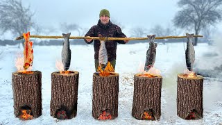 Caught And Cooked Trout Inside Logs Life In The Distant Snowy Mountains [upl. by Tirzah]