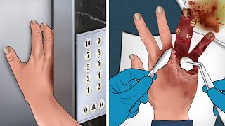 ASMR Animation Treatment of hand injuries caused by stuck elevator doors [upl. by Wie]