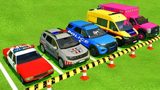 CHEVROLET DACIA FORD VOLKSWAGEN POLICE CARS amp FORD AMBULANCE EMERGENCY TRANSPORTING  FS22 [upl. by Kensell]