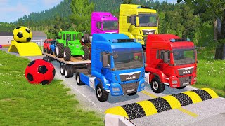 Double Flatbed Trailer Truck vs Speedbumps Train vs Cars  Tractor vs Train BeamngDrive 140 [upl. by Harley]