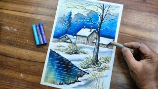 Extreme cold winter landscape  Easy winter landscape drawing with oil pastel  drawing tutorial [upl. by Lucilla]