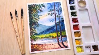 Watercolor painting of beautiful landscape scenery with pond easy [upl. by Eet]