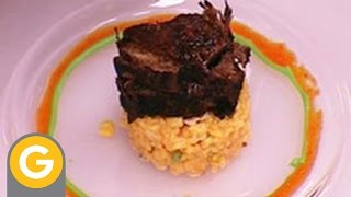 Nueva cocina colombiana  Posta negra sobre risotto de coco con almendras y maíz [upl. by Ameluz]