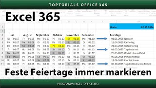 Feste Feiertage im Kalender jedes Jahr farbig markieren  Excel 365 Tutorial [upl. by Niarbo636]