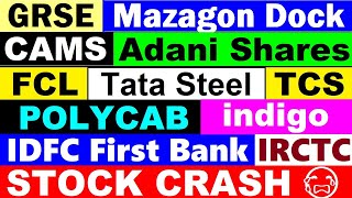 Stock CRASH😭🔴 Mazagon Dock🔴 GRSE🔴 Polycab🔴Tata Steel🔴FCL🔴TCS🔴Indigo🔴CAMS🔴Adani🔴IRCTC🔴IDFC First Bank [upl. by Acirretal201]