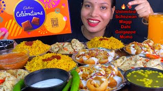 Eating Unlimited🍝 Schezwan Maggi Dahi Golgappe Paneer Momo Cadbury chocolate Indian Street Food [upl. by Rodmur]