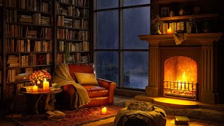 Cozy Reading Nook Ambience with Smooth Jazz Music  Rain on Window amp Warm Fireplace Sounds for Sleep [upl. by Novah309]