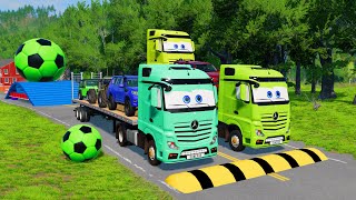 Double Flatbed Trailer Truck vs Speedbumps Train vs Cars  Tractor vs Train BeamngDrive [upl. by Spancake]