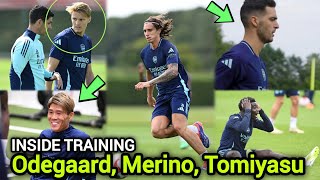 INSIDE TRAINING  Odegaard Merino amp Tomiyasu are back in training ahead of Man city [upl. by Deelaw]