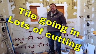 Install two corner seats start wall tile and install two niches Master Bath install Part 9 [upl. by Duntson]