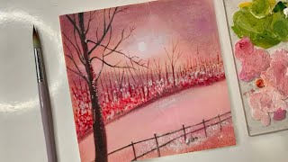 Painting a Pink Sky Winter Wonderland Landscape in with Acrylics [upl. by Nnewg]