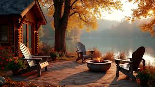 Cozy Lakeside Cabin Deck in Autumn Morning Fire Pit and Relaxing Nature Sounds for Relaxing [upl. by Haleeuqa954]