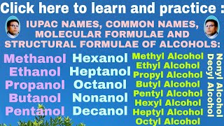 IUPAC NAMES COMMON NAMES STRUCTURAL FORMULAE AND MOLECULAR FORMULAE OF ALCOHOLS [upl. by Haze]