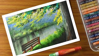 Oil pastel Landscape drawing  Nature Trees lake park scenery step by step [upl. by Mcripley]