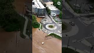 Drone footage shows Helenes floodwaters inundate Asheville NC [upl. by Ahsropal950]