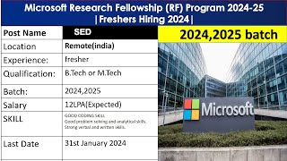 Microsoft Research Fellowship RF Program 202425 Freshers Hiring 2024FREE APPLYMicrosoft HIRING [upl. by Blakelee]